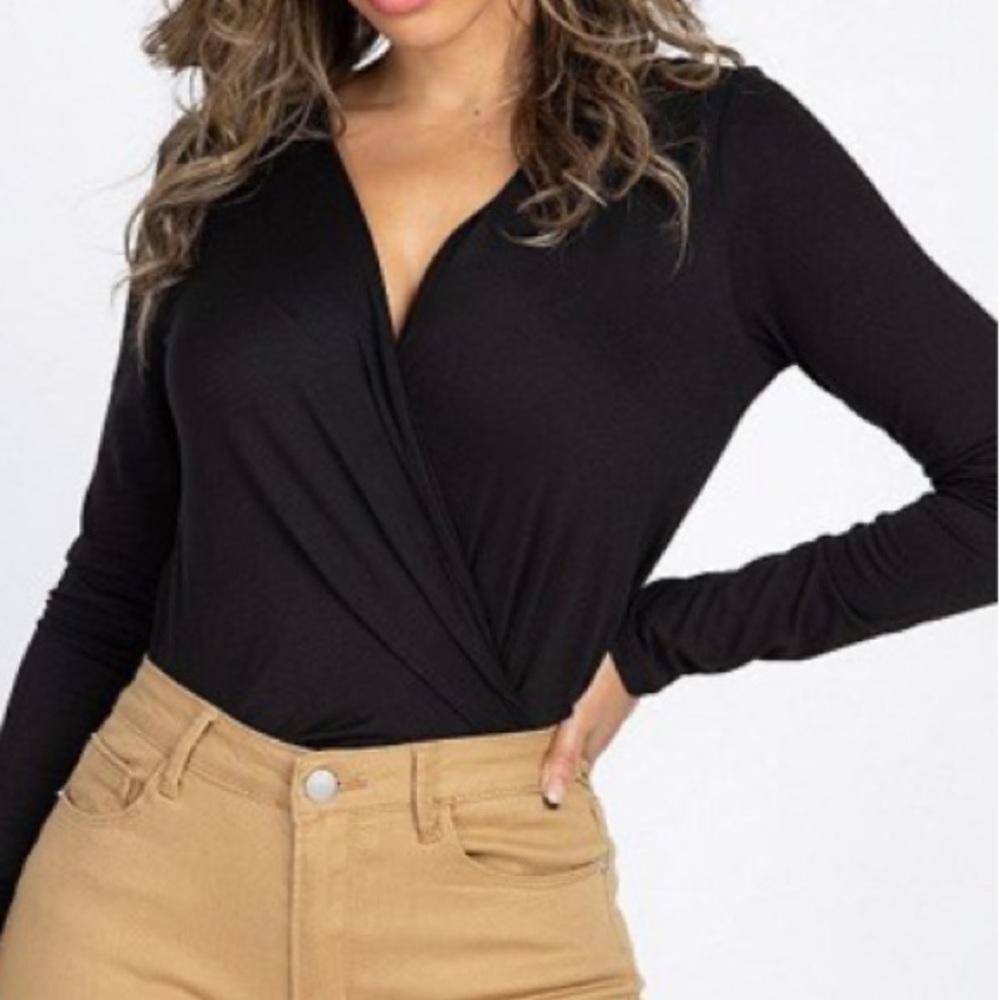 Black front wrap v neck bodysuit
